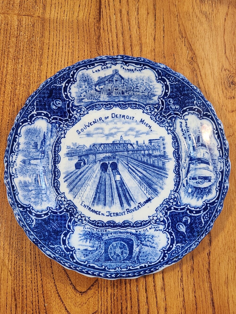 Vintage Detroit Michigan Blue Transferware Collector Plate Made in England VTG